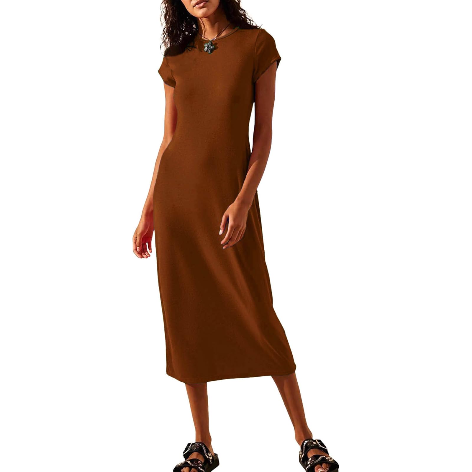 VANCOL Women Summer Short Sleeve Midi Dress Fitted Casual Long Dresses