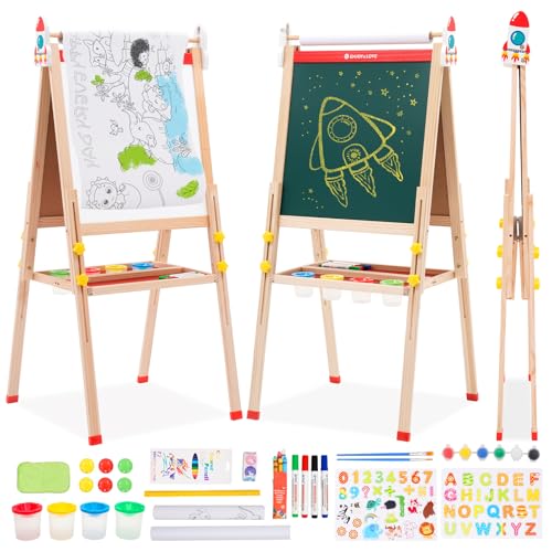 3 in 1 Kinder Staffelei,Höhenverstellbar Kinder Spiel-Tafel aus Holz,Faltbare Doppelseitige Kunststaffelei mit Zeichenrolle zum Ausmalen,Papierrolle, Kindertafel für ab 3-16 Jahre