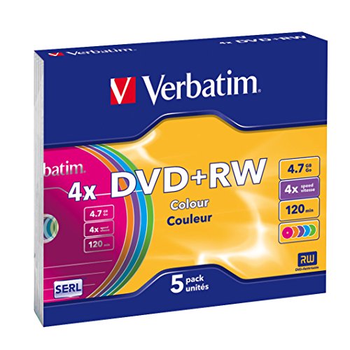 Verbatim DVD+RW - 4.7 GB, 4-fache Brenngeschwindigkeit mit lange Lebensdauer und Kratzschutz, 5er Pack Slim Case