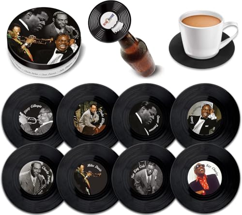 Retro Musique Set of 8 Jazz Legends Vinyl Coasters With Magnetic Bottle Opener | Lovely Music Coasters Bar Gifts For Men & Women | Fantastic Music Lover Gifts Housed In a Metal Tin