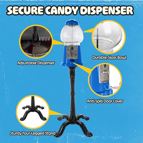 Image of Great Northern Popcorn Gumball Machine with Stand and Coin Bank, Blue, 15 inch | Vintage Style Bubble Gum Ball Candy Dispenser Vending Machine with Glass Globe and Metal Base