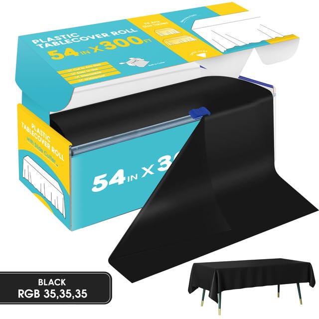 Image of Niuara Black Plastic Table Cover Roll - 54IN x 300FT, Table Cloth for Rectangle Table with Slide Cutter, Plastic Table Cloth Disposable with Cut-to-Size Design for Weddings, Banquets, Parties