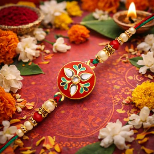 Image of Riddhika Ventures Glorious Gold Plated Auspicious Diamond Ring Rakhi with Roli Chawal and Greeting Card