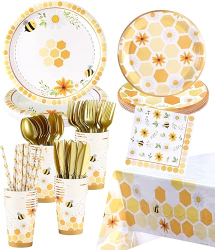 Party Supplies - Serves 16 - Birthday Plates Cups Napkins Perfect for Baby Shower Decorations First Birthday Decorations (Bee Complete Set)