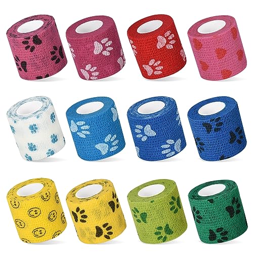 12 Stück Selbstklebende Bandage für hund Vet Wrap Pet Kohäsive Bandage Selbstklebender Verband für Haustier Pferd Cohesive Bandages Elastische Binde Haftbandage für Handgelenk Knöchel Finger