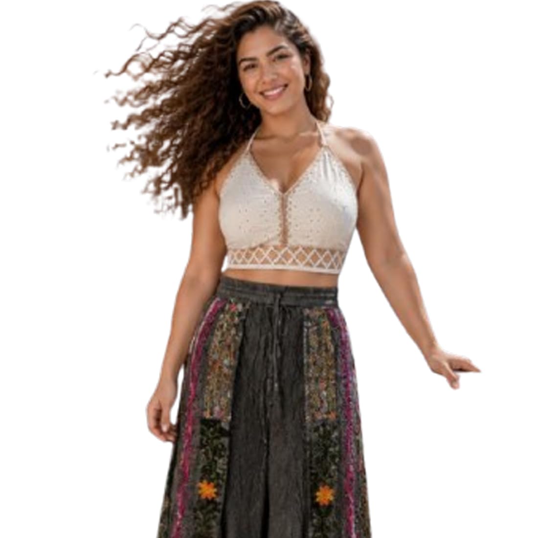 ukal Women's Crochet Halter Crop Bra Top, Cream, V-Neck, Bohemian Style, Sleeveless-picture-49