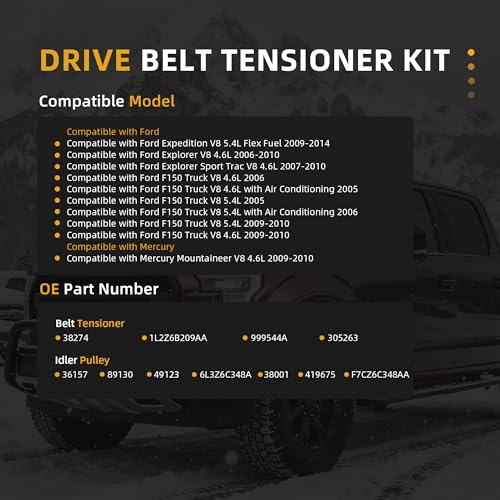 Image of Belt Tensioner Serpentine Belt Idler Pulley Kit For F150 4.6L /5.4L 05-06 09-10, For Ford Expedition 5.4L 09-14, For Explorer 4.6L 07-10, OE# 38001, 36157