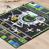 Isyorefam Play Rug for Playroom 2x3 Airport Carpet for Boys Bedroom with Combined City Road Traffic System Aircraft Runway Playmat Rugs Carpet Non-Slip Washable Area Mat