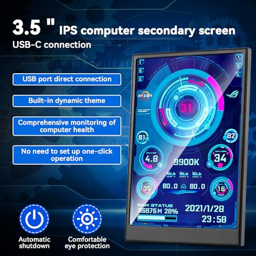 Image of 3.5 Inch IPS USB Mini Screen No Installation AIDA64 Pc Case Screen Computer Temp Monitor PC Temperature Display with Stand, USB Cable, Manual