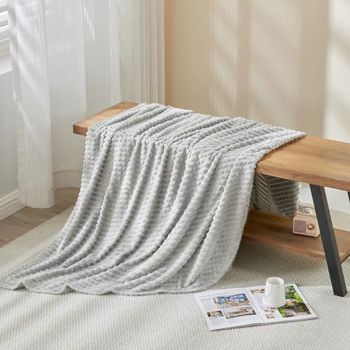 Image of EMME Fleece Throw Blanket Luxury Flannel for Couch Bed Sofa Chair, Soft, Plush, Warm and Cozy Blanket with Geometric Grid Design (Light Grey, 50'' x 60'')