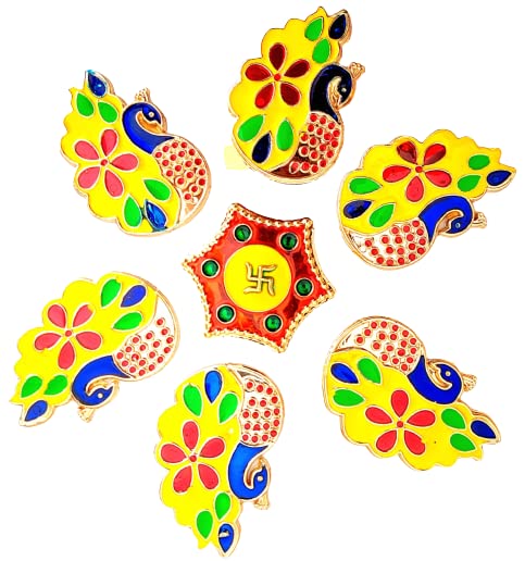 Meenakari Yellow Peacock Diwali Rangoli Floor Decorations Table Decoration Studded Stones Sequins Traditional Festive Home Door Décor 8 Inch Diameter