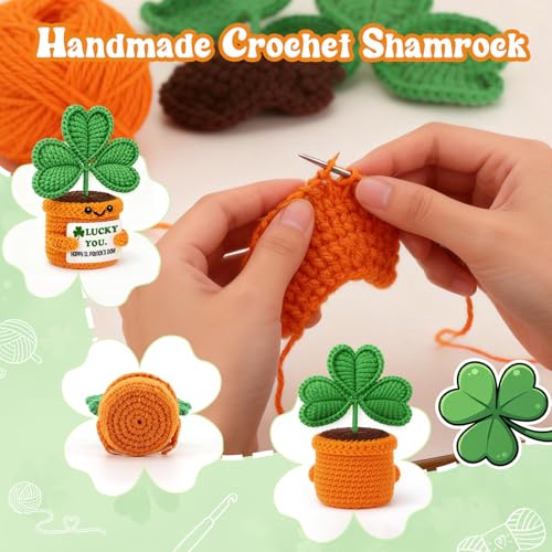 St. Patrick’s Day Shamrock Decor with Card Sign, Handmade Crochet Lucky Clover Desk Ornament for Office Home, Cute Irish Gift Women Teens Coworkers - Image 3