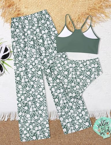 Image of NECIOUS Girls Swimsuit Size 8-10 Cute Bikini Sets Kids Girls Bathing Suit Swim Green Floral Adjustable Strap 3 Piece Swimwear with Cover Up Pants