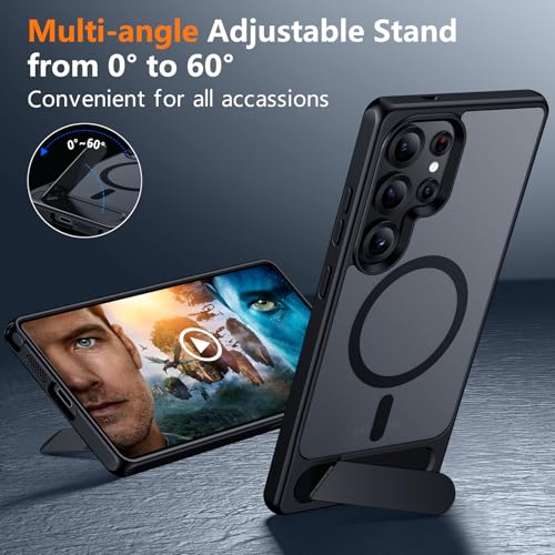Image of SPIDERCASE Magnetic for Samsung Galaxy S25 Ultra Case,[Built-in Invisible Kickstand][Compatible with MagSafe][Military Grade Shockproof] Slim Translucent Matte Phone Case,Black