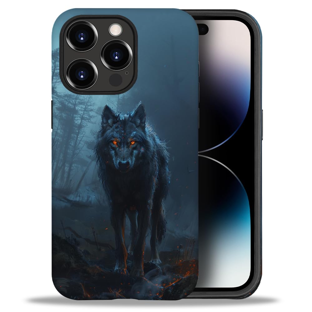 yicomon Compatible with iPhone 14 Pro Case，Night Wolf Hunting Pattern Print Matte Phone Case Durable Fashion Funny Liquid Silicone Case Soft