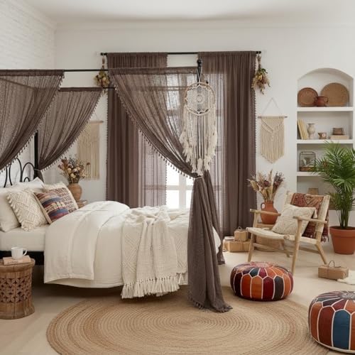 WAZZIO Cotton Sheer Brown Curtains 84 Inch Length 2 Panels Rod Pocket Tassel Boho Crochet Lace Light Blue Bedroom Living Room See Through Privacy for Boys Room - Image 3
