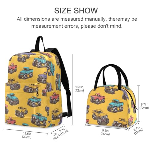 Backpack Lunch Bag Set Cartoon Monster Truck Print, Big Storage Travel Backpacks with Insulated Lunch Box for Office Hiking Picnic2