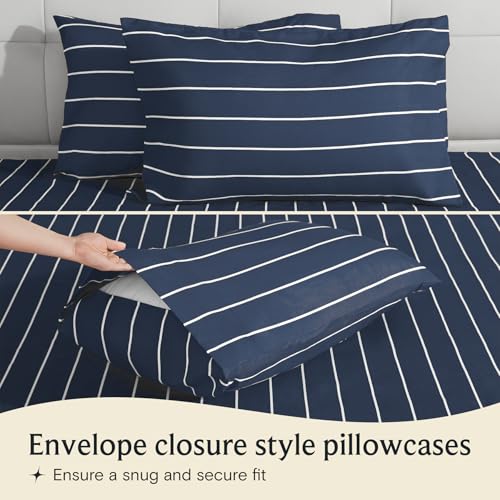 Image of LuxClub 4 PC Cal King Size Sheet Set, Breathable Luxury Bed Sheets, Deep Pockets 18 inch Wrinkle Free Cooling Machine Washable Hotel Bedding (Striped Navy)