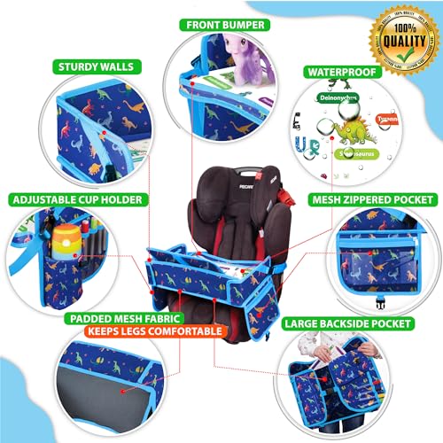 Image of Kids Travel Tray - Waterproof Car Table with No-Drop Large Tablet Holder - Car Seat Tray - Road Trip Must Haves - Lap Desk Kids Organizer for Airplane - Toddler Travel Activities (Blue)