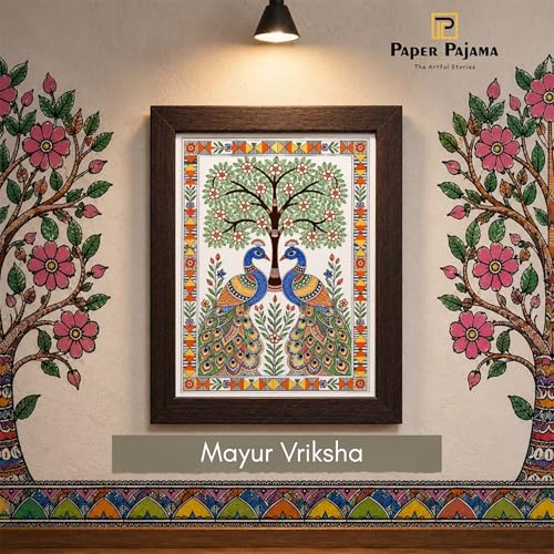 Image of PAPER PAJAMA Peacock Tree of Life Wall Art for Living Room | Madhubani Mithila Folk Painting | Traditional Indian Bird Artwork Framed Home Decor for Bedroom, Office & Hall (10x13 Inches)
