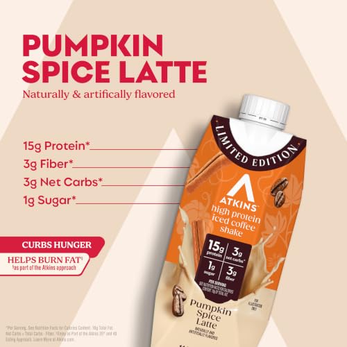 Image of Atkins Pumpkin Spice Latte Protein Shake, 15g Protein, 3g Net Carbs, 1g Sugar, Keto Friendly, 12 Count