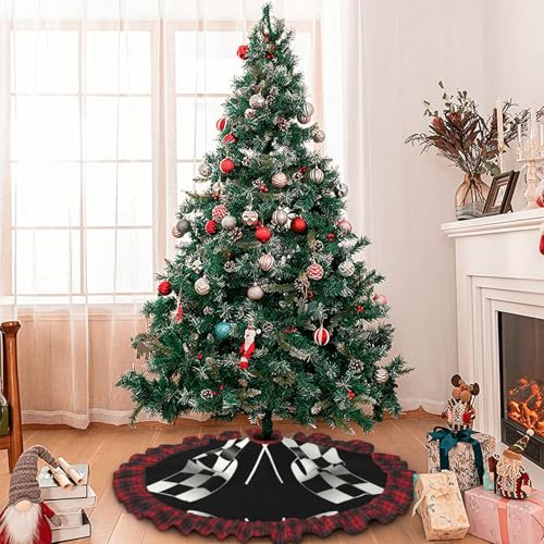 Jupe de sapin de Noël en lin noir et blanc à pompons style rustique - 7