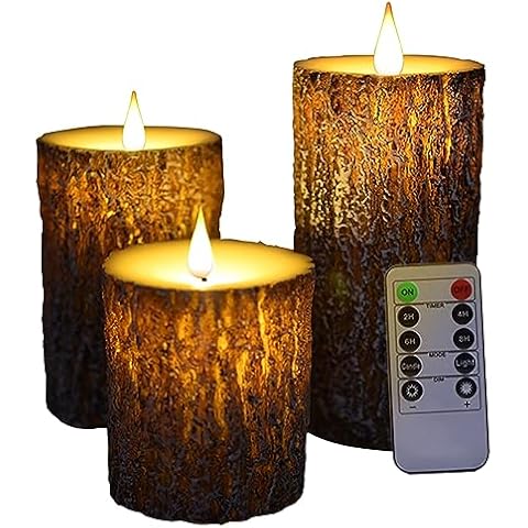 NICEME LED Pine Bark Flameless Candles Set of 3 Real Wax Battery Operated Candles Flickering Teardrop Wick Electric Decorative Pillar Bark Candles with Remote Timer, D3 x H4 5" 6" Cover