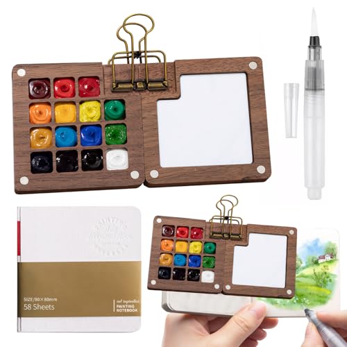 Mini Palette 15 Grids Nano Palette Mini Aquarell Set Mini Holz Reise Malpalette Aquarell Reise Set Faltbar und Tragbar Nanopalette mit Bindemittel Geeignet für Maler Künstler Studenten