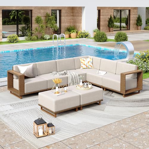 PHI VILLA Ensemble de meubles de jardin en rotin pour 8 personnes - Pour jardin et terrasse - Canapé d'extérieur toutes saisons - Avec coussins blancs épais...