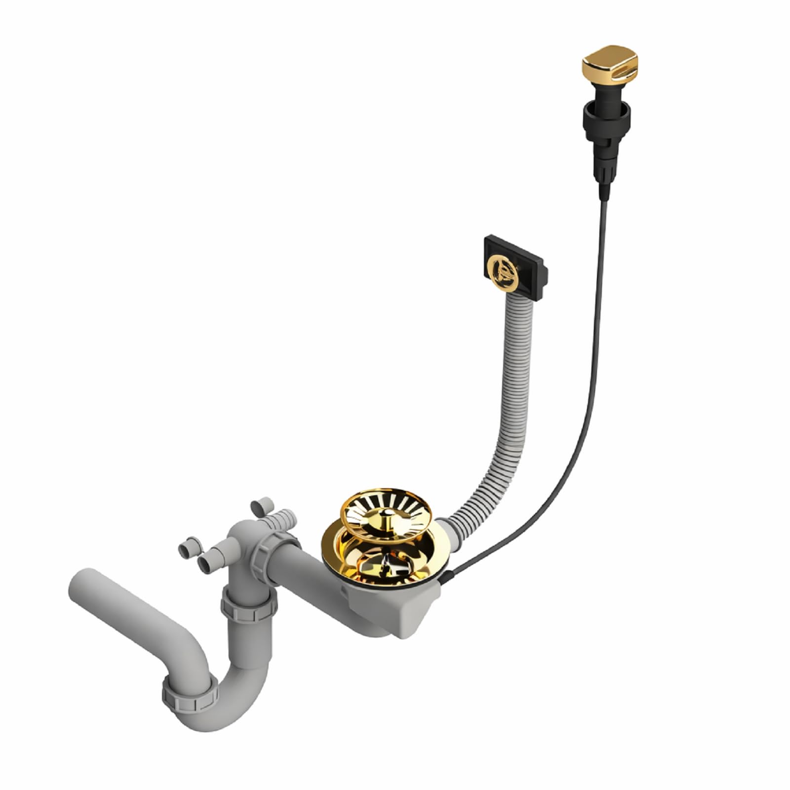 QLS Sifón automático para un fregadero 3 1/2" dorado | Diseño compacto de PVC e inox con conexión para lavavajillas o lavadora, kit de montaje y juntas