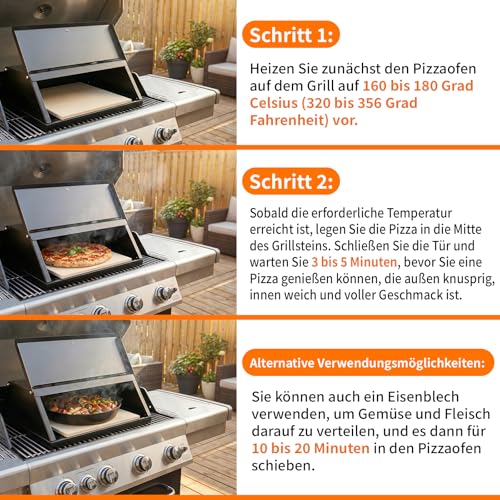 Pizzaofen, Stahl Pizzaaufsatz mit Pizzastein, BBQ-Pizzaofen mit Temperaturanzeige für Holzkohlegrills und Gasgrills, Perfekte Steinofen-Pizza wie beim Italiener, ca. 40.3 x 36 cm x 22 cm
