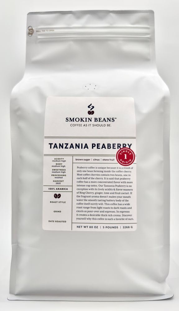 Smokin Beans 5-Pound Africa Tanzania Peaberry Coffee, Washed Processing, Medium Roast, Premium Whole Bean Specialty Coffee