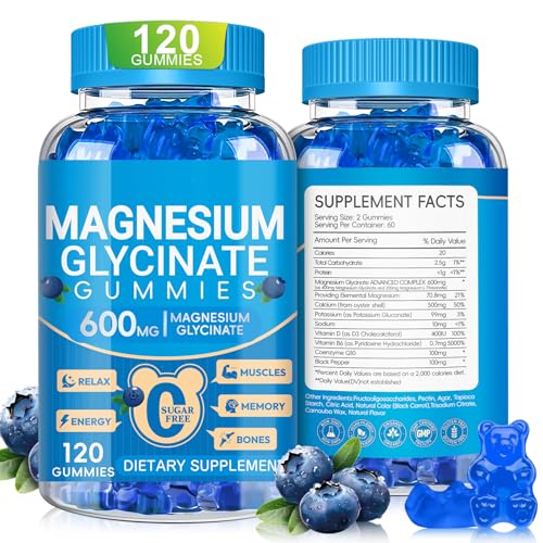 Magnesium Glycinate Gummies 600mg, Sugar-Free with Potassium, Manganese & CoQ10 (120ct)
