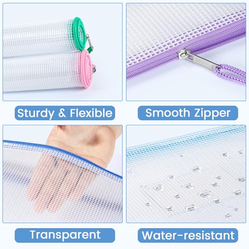 Sooez 20 Pack Mesh Zipper Pouch Bags, A4 Letter Size, Zipper Bags with Label Pocket, Waterproof Pouches for Classroom Organizer, Board Game Toy Storage, Document Bag for Teacher School Office Supplies