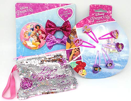 TDL Disney Princess Ensemble-Cadeau Miroir + Paillettes Portefeuille + 2 Moudre + 6 Pinces À Cheveux - Licence Officielle - Mirror + Sequin Purse + 2 Bows + 6...