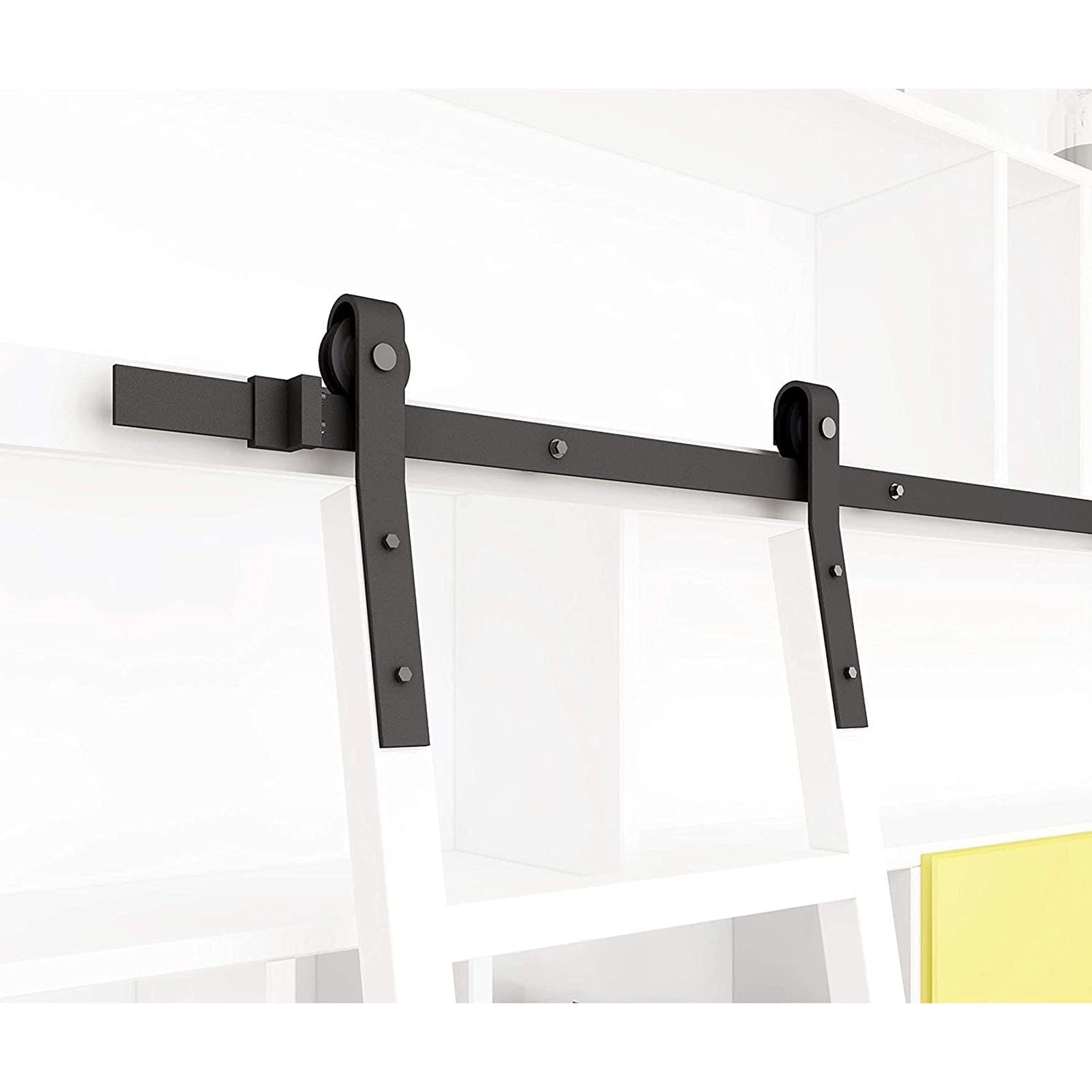 Kit ferramenta per scaletta per libreria a rotelle - Accessori per ferramenta per porte scorrevoli per fienile - Con rulli a pavimento - Materiale in acciaio al carbonio - Facile da installare - Nero