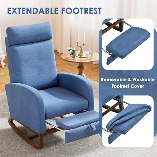 Image of Rocking Chair Nursery High Back Rest Glider Rocker with Footrest Nursing Rocking Chairs Upholstered Accent Arm Chair for Living Room Bedroom Indoor, Dark Blue