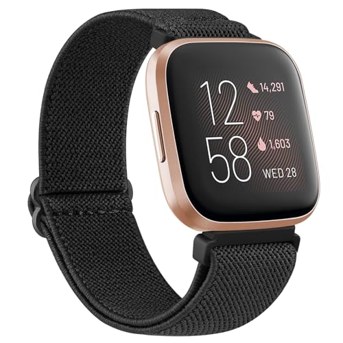 AK Elastic Band Compatible with Fitbit Versa 2 Bands/Fitbit Versa Bands for Women Men, Adjustable Soft Stretchy Nylon Straps for Fitbit Versa 2 / Fitbit Versa/Versa Lite/Versa SE Smart Watch (Black)
