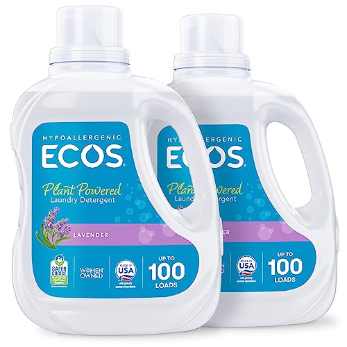 ECOS Laundry Detergent Liquid, 200 Loads – Dermatologist Tested Laundry Soap – Hypoallergenic, EPA Safer Choice Certified, Plant-Powered – Lavender, 100 Fl Oz (Pack of 2)