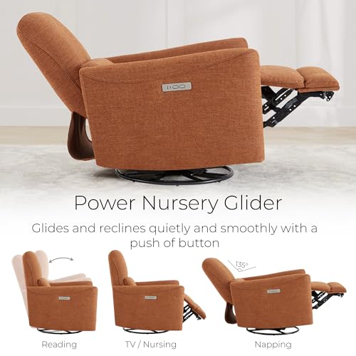 Image of CHITA Power Swivel Glider Recliner Chair, Nursery Glider, Fabric Terracotta | FSC Certified Upholstery Rocking Chair, Power Lumbar Support, Reclining Chair for Living Room & Nursery