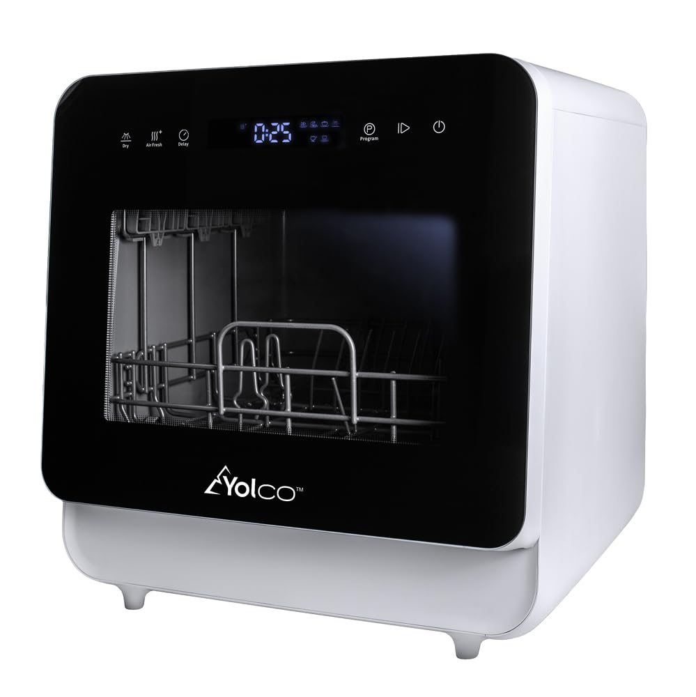 Yolco DWM02 Kompaktowa zmywarka do naczyń 5 l – mini zmywarka do naczyń na 2-3 nakrycia głowy, wolnostojąca, 6 programów, gorąca woda 75°C, zbiornik na wodę i przyłącze wody, idealna do kuchni