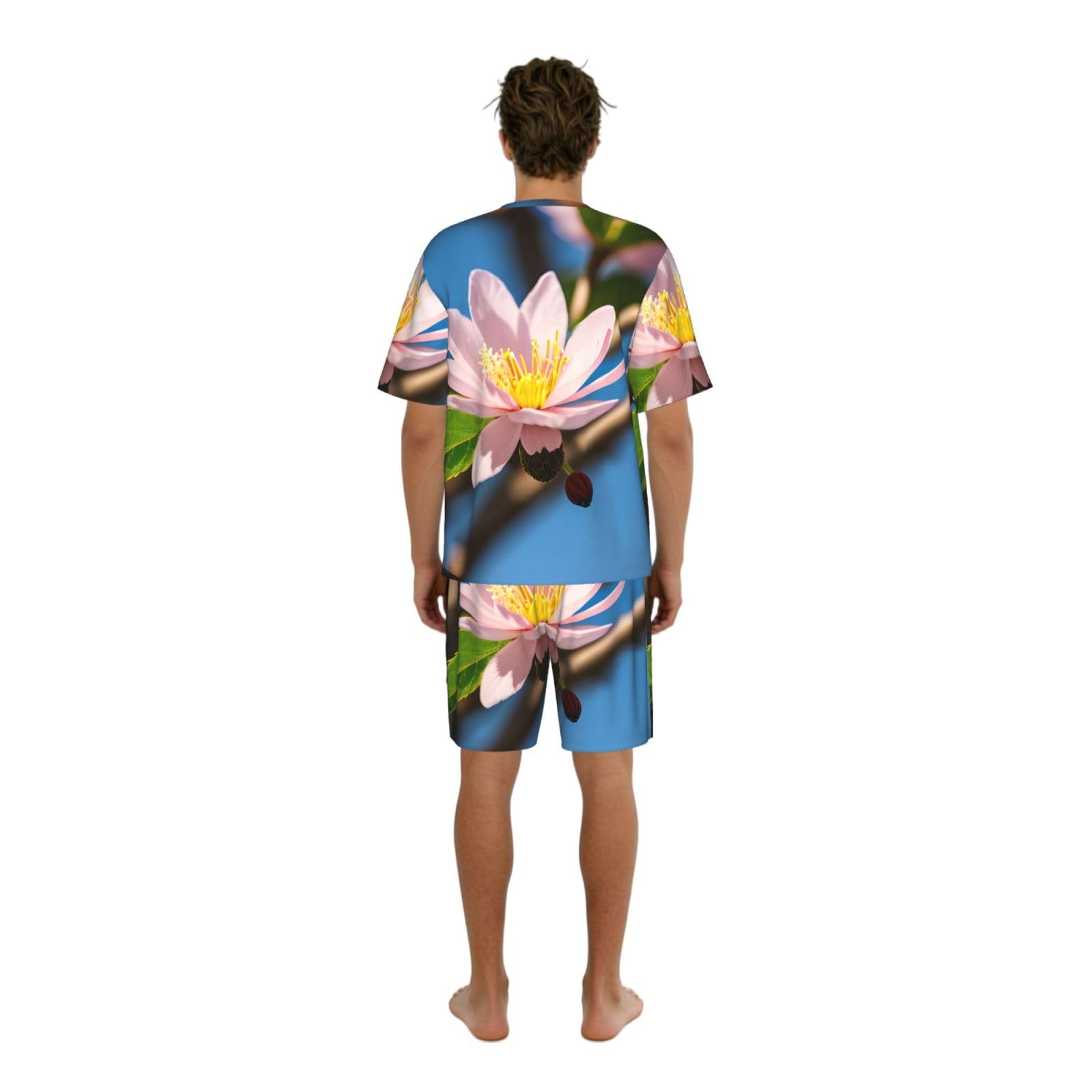Conjunto de pijama clásico con estampado de flor de almendro rojo para hombre, pantalones cortos de pijama suaves para hombre, perfecto para las noches de verano