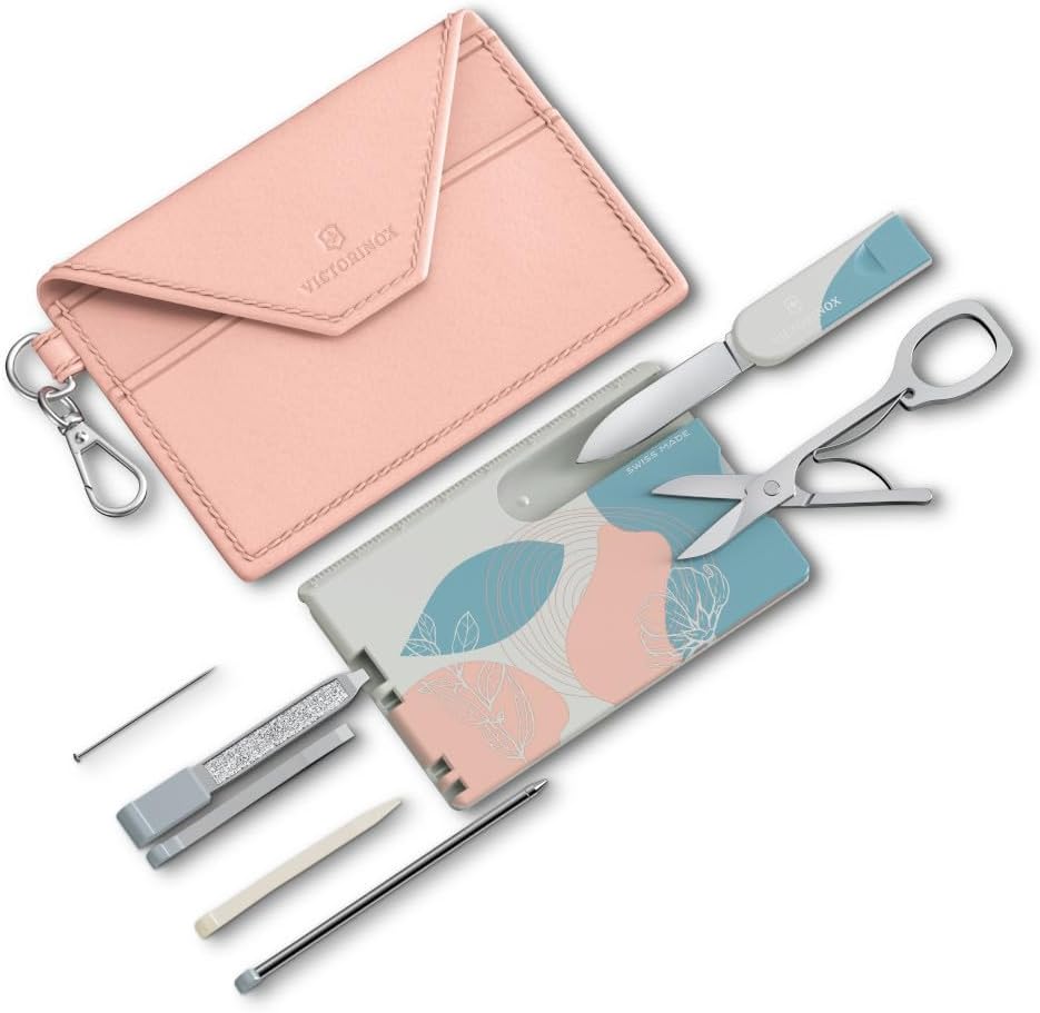 VICTORINOX Swiss Card Classic 10 Functions, Made in Switzerland, Multi-purpose for Women, in Card Holder with Key Ring, Paris Style (Pink, Blue)