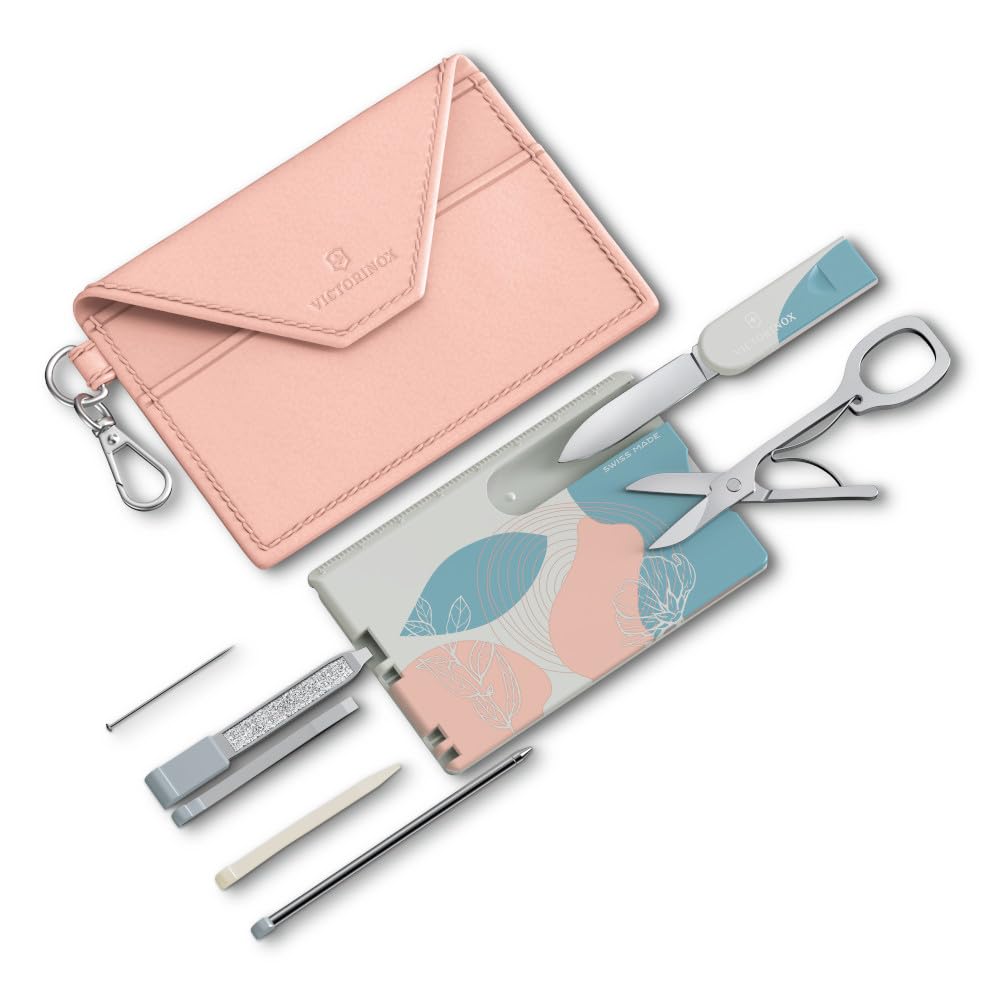 Victorinox Swiss Card Classic, 10 funciones, Hecha en Suiza, multiherramienta para mujer, incl. tarjetero con llavero, Paris Style (rosa, azul)
