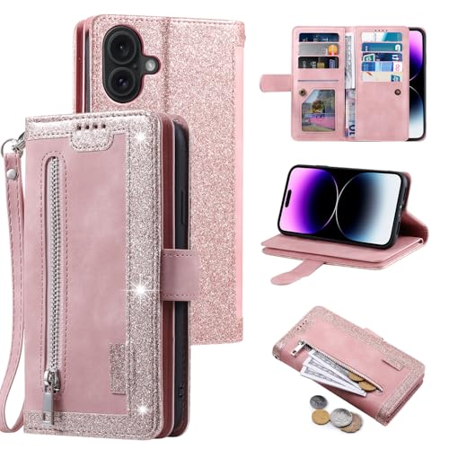 Housse iPhone 16 Plus en cuir mat rétro or rose avec finitions haut de gamme et rangement