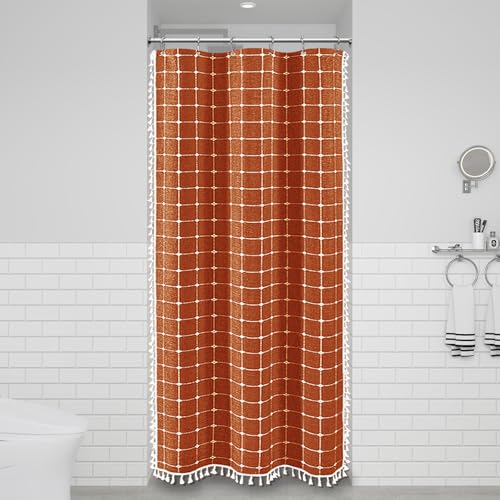 Image of BTTN Boho Shower Stall Curtain - 36x72 Narrow Linen Ultra Thick Tassel Fabric Shower Curtain Set with 6 Plastic Hook, Half Camper RV Modern Farmhouse Country Shower Curtains for Bathroom, Brunt Orange