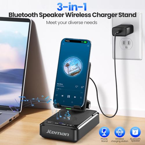 Jteman Cell Phone Stand with Bluetooth Speaker and Wireless Charger,Desktop Charging Station Stand Speaker for iPhone,Christmas Birthday Gift for Men Women (Black)