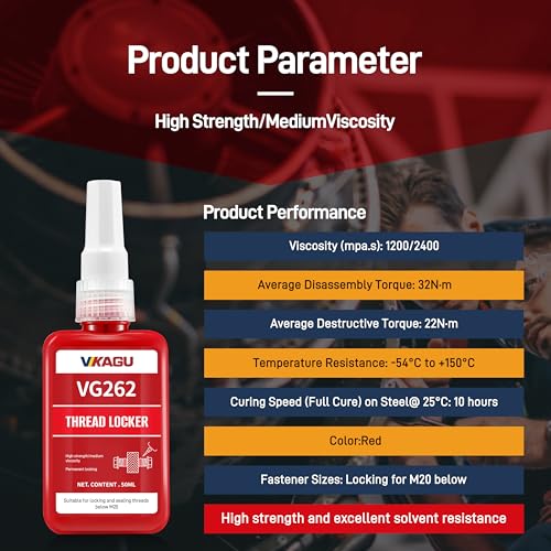 Image of VIKAGU 262 Red High Strength Thread Locker - Resists High Heat, Oil & Chemicals - Permanent Locking Adhesive for Metal Nuts & Bolts - 1.69Oz /50ml