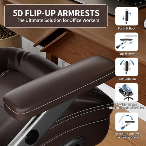 Image of Big and Tall Office Chair, Heavy Duty Desk Chair with 5D Arms, Adjustable Lumbar Support & Height, Tilt Function, PU Leather High Back Ergonomic Executive Computer Chair