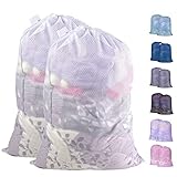 Lead Free Sturdy Mesh Laundry Bags-2 Pack-24 x 36 inches -Drawstring Bags. Durable White Mesh Material, Ideal Machine Washable Storage Bag for College, Apartment Dweller